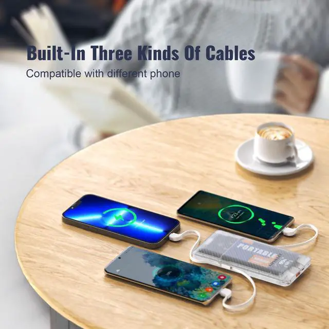 Alt view image 4 of 7 - Portable Power Bank, Slim10000mAh Portable Charger, 20W USB C External Battery Pack with Built-in AC Wall Plug, Three Cables Compatible with iPhone Tablet Smartphone and More (Transparent)