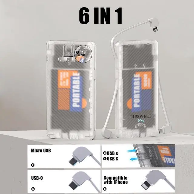 Alt view image 3 of 7 - Portable Power Bank, Slim10000mAh Portable Charger, 20W USB C External Battery Pack with Built-in AC Wall Plug, Three Cables Compatible with iPhone Tablet Smartphone and More (Transparent)