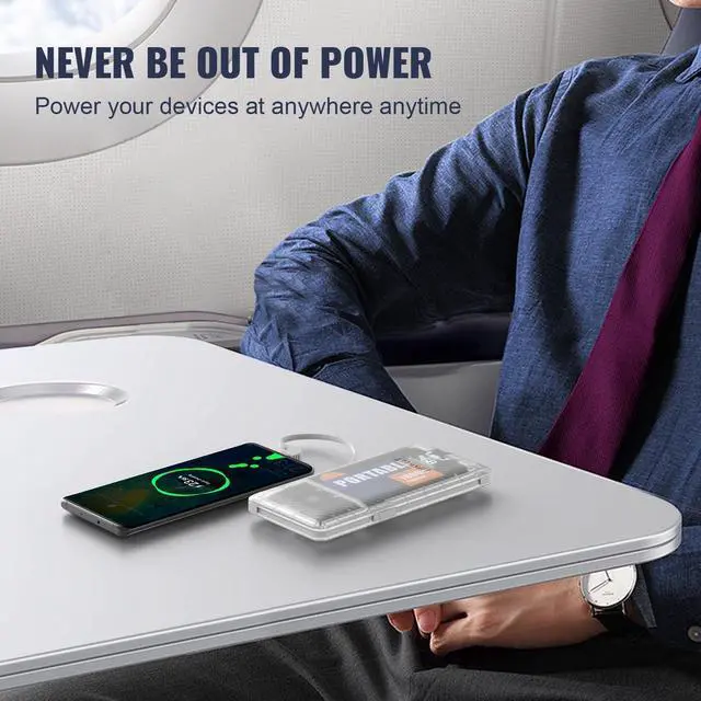 Alt view image 5 of 7 - Portable Power Bank, Slim10000mAh Portable Charger, 20W USB C External Battery Pack with Built-in AC Wall Plug, Three Cables Compatible with iPhone Tablet Smartphone and More (Transparent)