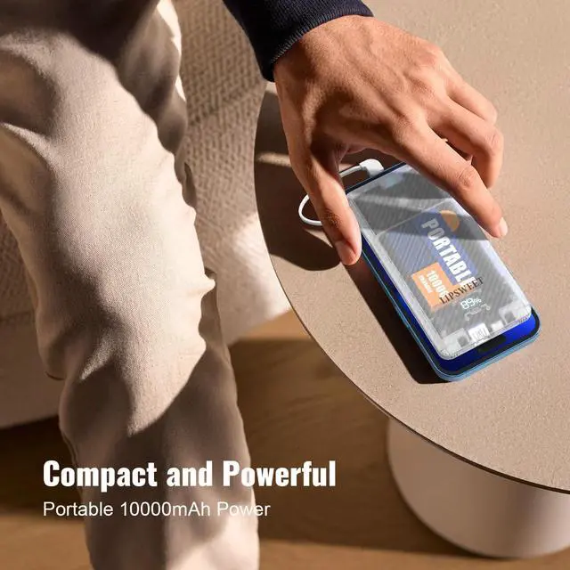 Alt view image 7 of 7 - Portable Power Bank, Slim10000mAh Portable Charger, 20W USB C External Battery Pack with Built-in AC Wall Plug, Three Cables Compatible with iPhone Tablet Smartphone and More (Transparent)