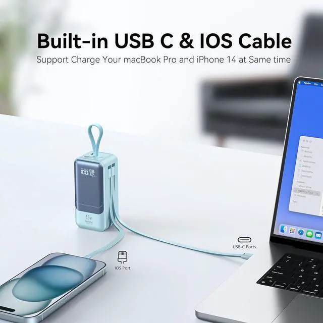 Alt view image 2 of 7 - Fast Charging Power Bank 18400mAh 65W Portable Laptop Charger, LED Display, Travel Essential Battery Pack with Built-in USB-C & Lightning Cables for iPhone 16/15/14/13/12 MacBook Samsung