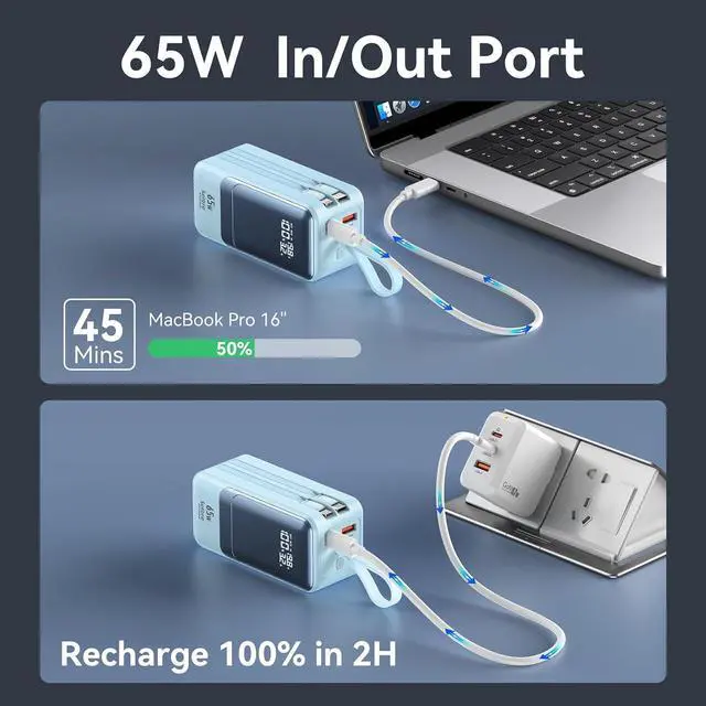 Alt view image 3 of 7 - Fast Charging Power Bank 18400mAh 65W Portable Laptop Charger, LED Display, Travel Essential Battery Pack with Built-in USB-C & Lightning Cables for iPhone 16/15/14/13/12 MacBook Samsung