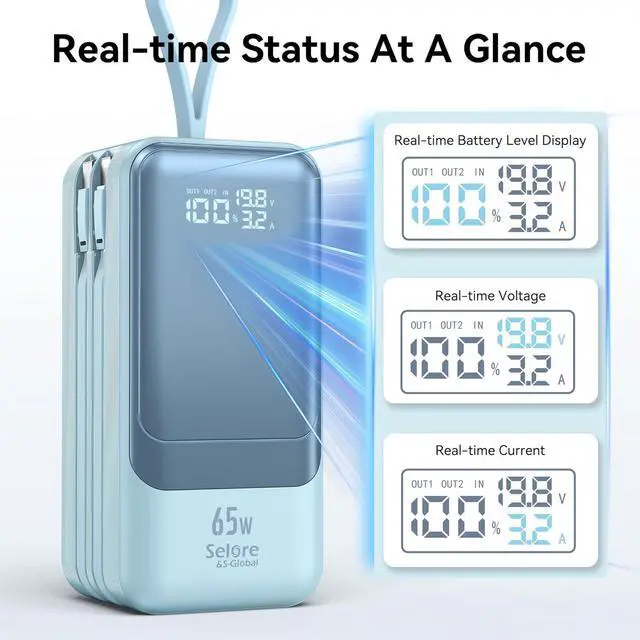 Alt view image 5 of 7 - Fast Charging Power Bank 18400mAh 65W Portable Laptop Charger, LED Display, Travel Essential Battery Pack with Built-in USB-C & Lightning Cables for iPhone 16/15/14/13/12 MacBook Samsung