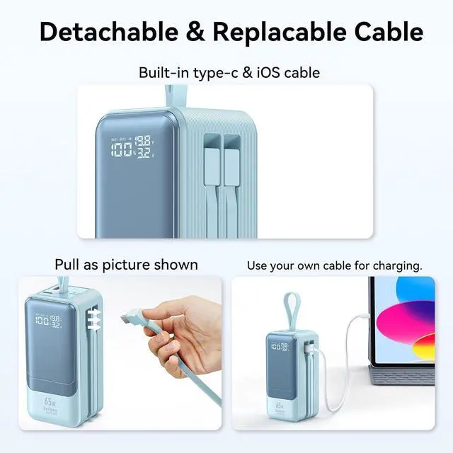 Alt view image 6 of 7 - Fast Charging Power Bank 18400mAh 65W Portable Laptop Charger, LED Display, Travel Essential Battery Pack with Built-in USB-C & Lightning Cables for iPhone 16/15/14/13/12 MacBook Samsung