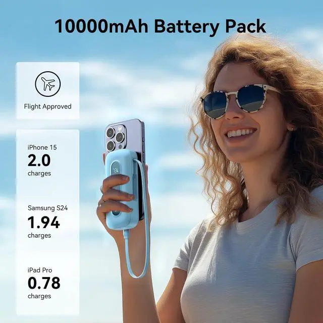 Alt view image 6 of 7 - Power Bank 10,000mAh with Built-in Retractable Cable & C to L Cable, 30W Fast Charging Portable Charger, LED Display, Travel Battery Pack for iPhone 16/15/14/13 Series Samsung