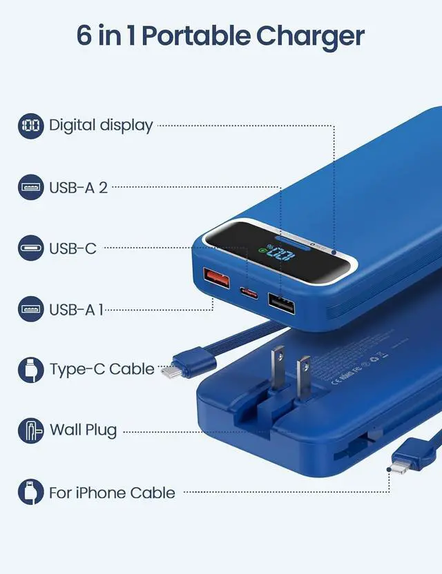 Alt view image 2 of 7 - 12000mAh Lightweight-Portable-Charger-Power-Bank with Built-in Cables and AC Wall Plug, PD20W USB-C Fast Charging Battery Pack, LED Display External Travel Phone Charger for All iPhone,Samsung,Android