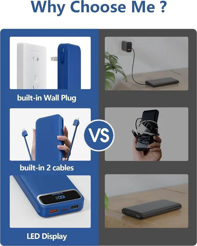 Alt view image 3 of 7 - 12000mAh Lightweight-Portable-Charger-Power-Bank with Built-in Cables and AC Wall Plug, PD20W USB-C Fast Charging Battery Pack, LED Display External Travel Phone Charger for All iPhone,Samsung,Android