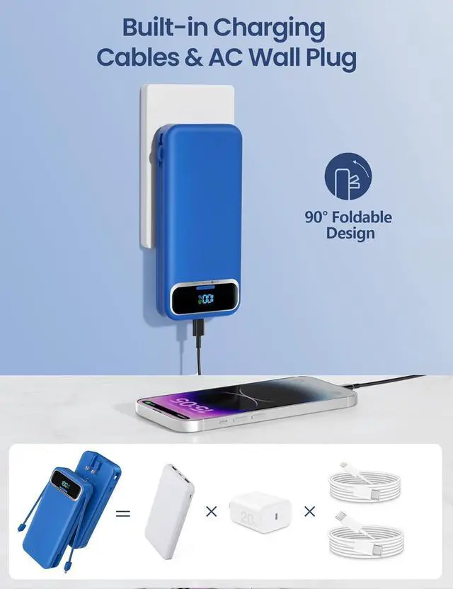 Alt view image 4 of 7 - 12000mAh Lightweight-Portable-Charger-Power-Bank with Built-in Cables and AC Wall Plug, PD20W USB-C Fast Charging Battery Pack, LED Display External Travel Phone Charger for All iPhone,Samsung,Android