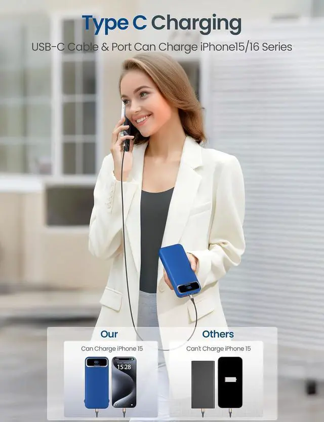 Alt view image 5 of 7 - 12000mAh Lightweight-Portable-Charger-Power-Bank with Built-in Cables and AC Wall Plug, PD20W USB-C Fast Charging Battery Pack, LED Display External Travel Phone Charger for All iPhone,Samsung,Android
