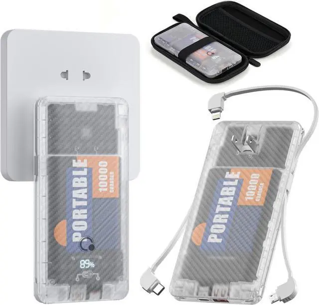 Main image of 10000mAh Portable Charger,Q Slim USB C Power Bank,5 Output 2 Input 20W Travel External Battery Pack with Built-in Cables and AC Wall Plug, Compatible with Different Mobilephone, Tablet and More