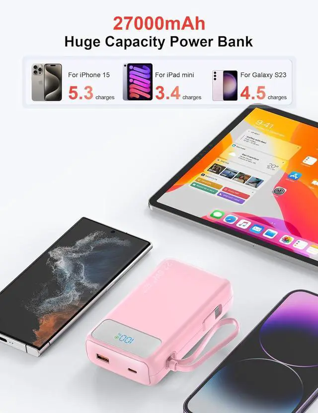 Alt view image 2 of 7 - 27000mAh Portable Charger,Power Bank with Built in Cable for iPhone 16/15 Series, USB-C Input-Output Fast-Charging LED Display Battery Pack,Travel backup charging bank for all iPhones, Androids.