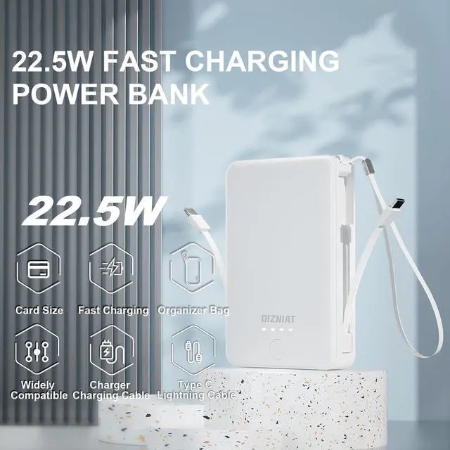 Alt view image 2 of 7 - 10000mAh Power Bank Portable Charger, Ultra Slim 22.5W Fast Charging with Built in USB C and Lightning Cable, 4 Outputs Power Bank for iPhone 11/12/13/14/15/16 Android Samsung - White