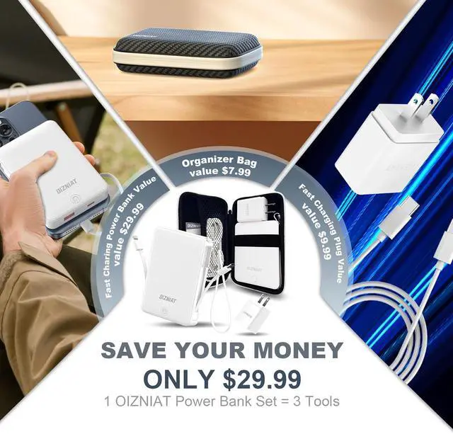 Alt view image 3 of 7 - 10000mAh Power Bank Portable Charger, Ultra Slim 22.5W Fast Charging with Built in USB C and Lightning Cable, 4 Outputs Power Bank for iPhone 11/12/13/14/15/16 Android Samsung - White