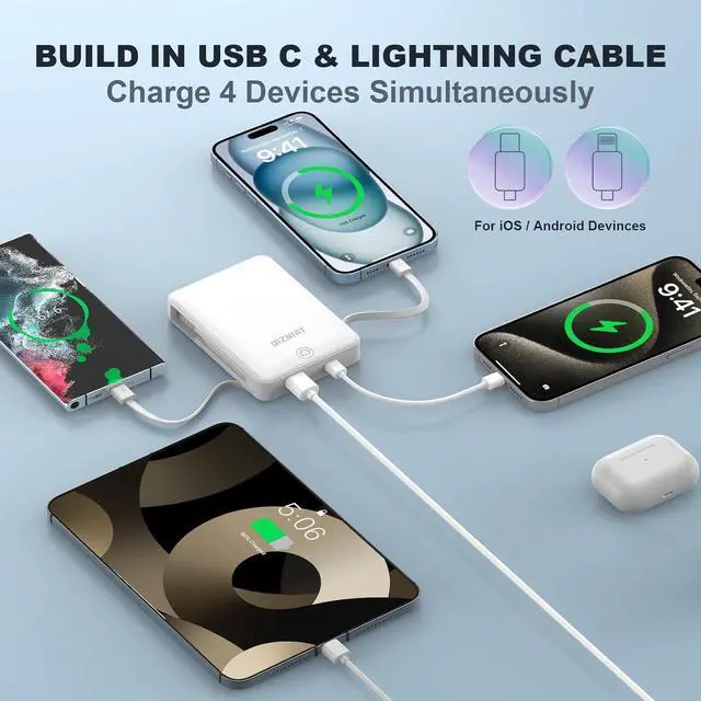 Alt view image 5 of 7 - 10000mAh Power Bank Portable Charger, Ultra Slim 22.5W Fast Charging with Built in USB C and Lightning Cable, 4 Outputs Power Bank for iPhone 11/12/13/14/15/16 Android Samsung - White