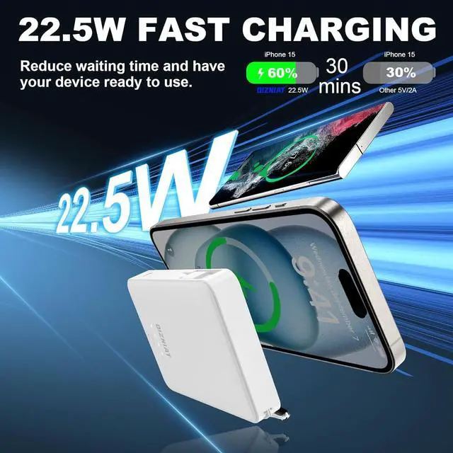 Alt view image 6 of 7 - 10000mAh Power Bank Portable Charger, Ultra Slim 22.5W Fast Charging with Built in USB C and Lightning Cable, 4 Outputs Power Bank for iPhone 11/12/13/14/15/16 Android Samsung - White