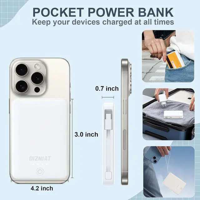 Alt view image 7 of 7 - 10000mAh Power Bank Portable Charger, Ultra Slim 22.5W Fast Charging with Built in USB C and Lightning Cable, 4 Outputs Power Bank for iPhone 11/12/13/14/15/16 Android Samsung - White