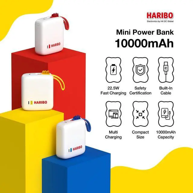Alt view image 2 of 7 - DCHK Haribo Mini Power Bank 10000mAh, 22.5W Fast Charging, Built-in Cable, Compact Size, 5V 3A, Gummy Bear Style Portable Charger for iPhone 15 16, Samsung Galaxy, Motorola