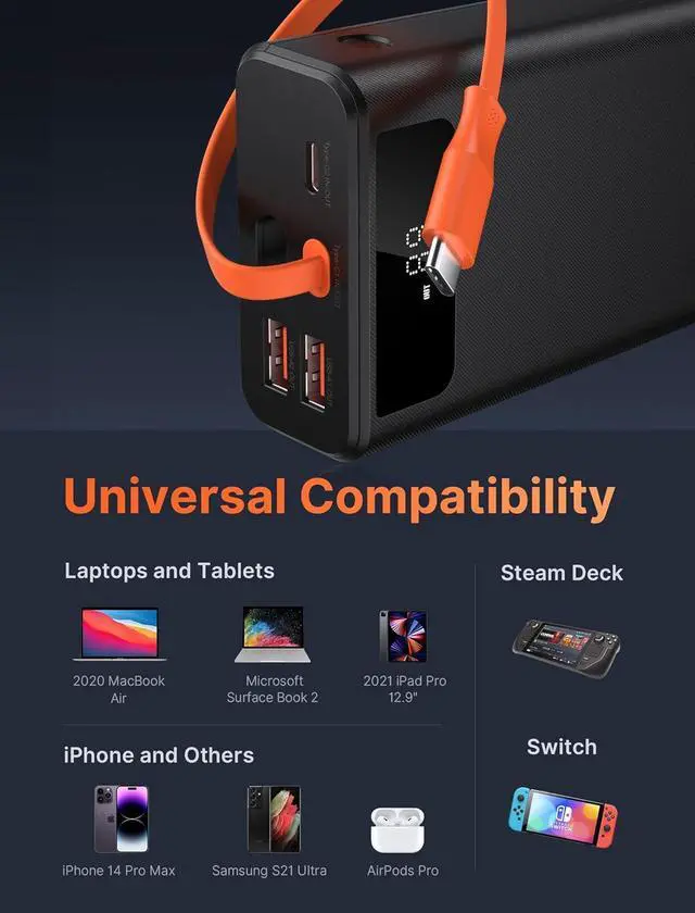 Alt view image 6 of 7 - JSAUX Power Bank 20000mAh 65W with USB C Charging Cable, USB C Laptop Portable Charger PD3.0 External Battery Pack for Steam Deck, iPhone 16/15/14, MacBook Pro, iPad Pro, Samsung S24, ROG Ally (X)