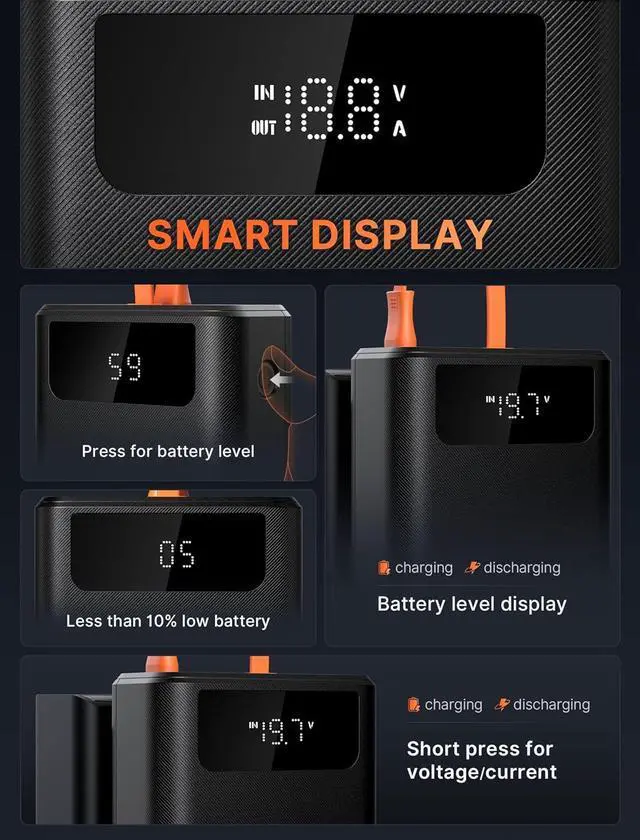 Alt view image 7 of 7 - JSAUX Power Bank 20000mAh 65W with USB C Charging Cable, USB C Laptop Portable Charger PD3.0 External Battery Pack for Steam Deck, iPhone 16/15/14, MacBook Pro, iPad Pro, Samsung S24, ROG Ally (X)