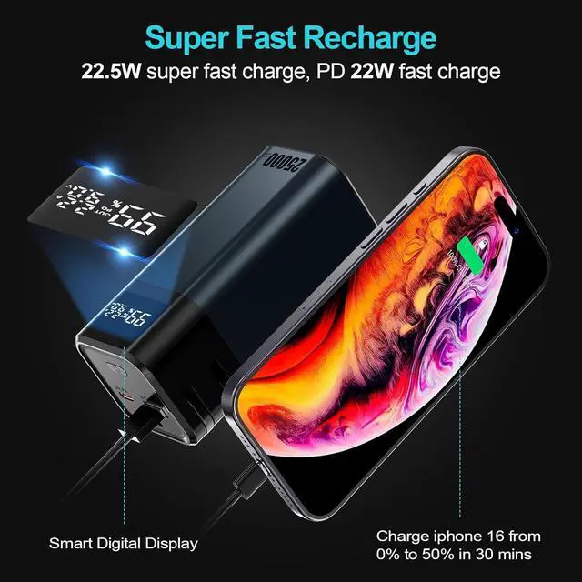 Alt view image 3 of 7 - 25000mAh Power Bank with EV Advanced 4680 Battery Cells, Portable Charger Power Bank, Fast Charging Built-in USB-C Cable with 4-Port for iPhone 16/15 Pro Max Plus, iPad,Galaxy,etc
