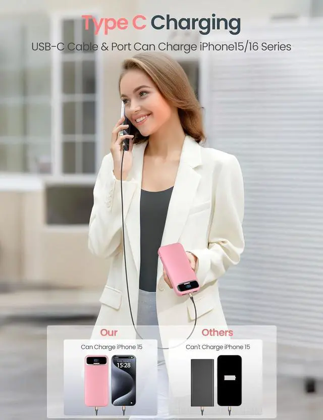 Alt view image 5 of 7 - 12000mAh Lightweight-Portable-Charger-Power-Bank with Built-in Cables and AC Wall Plug, PD20W USB-C Fast Charging Battery Pack, LED Display External Travel Phone Charger for All iPhone,Samsung,Android