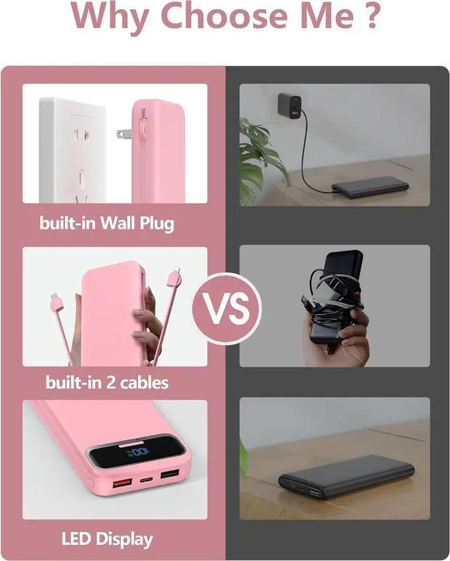 Alt view image 3 of 7 - 12000mAh Lightweight-Portable-Charger-Power-Bank with Built-in Cables and AC Wall Plug, PD20W USB-C Fast Charging Battery Pack, LED Display External Travel Phone Charger for All iPhone,Samsung,Android