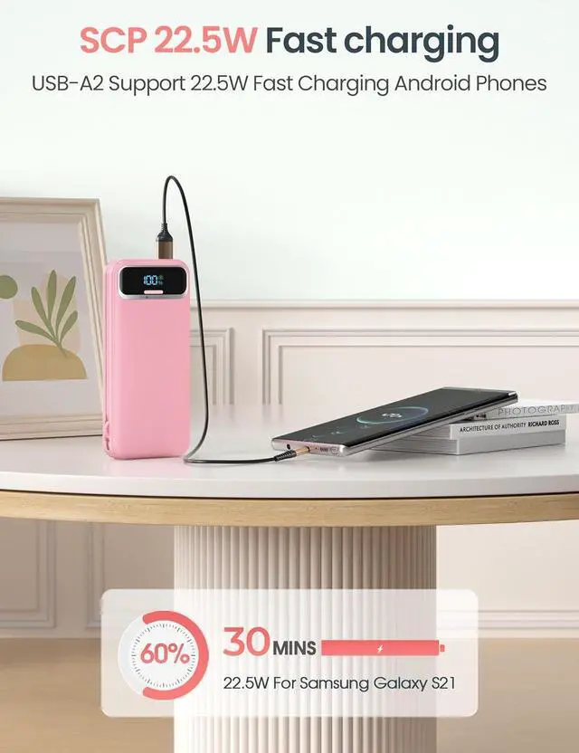 Alt view image 6 of 7 - 12000mAh Lightweight-Portable-Charger-Power-Bank with Built-in Cables and AC Wall Plug, PD20W USB-C Fast Charging Battery Pack, LED Display External Travel Phone Charger for All iPhone,Samsung,Android
