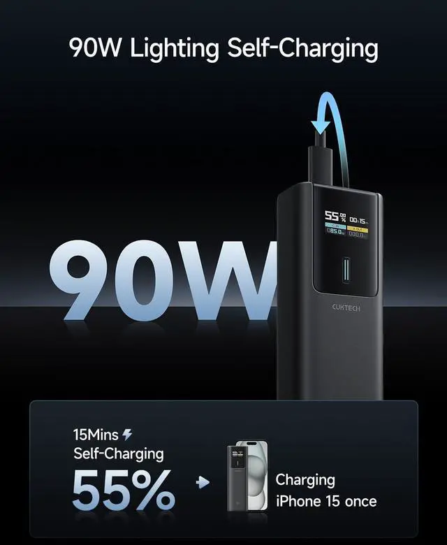 Alt view image 3 of 7 - CUKTECH 100W Power Bank, 10000mAh Portable USB C Charger with Smart TFT Display, PD3.0 Fast Charging Compatible iPhone 16/15 Series, Samsung Galaxy S24/S23, iPad Air/Pro, MacBook, Dell etc.