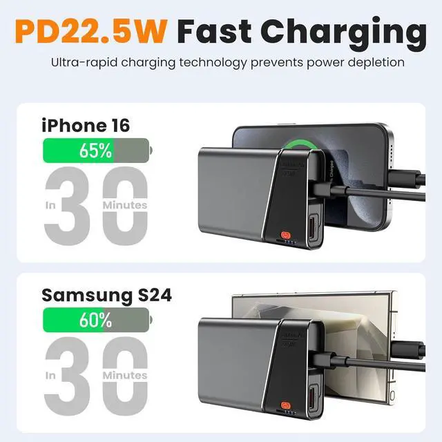 Alt view image 3 of 7 - Portable Charger, 22.5W 20000mAh Super Fast Charging Power Bank with Detachable USB C Cable, Metal Case Battery Pack, Airline Approved Travel Essential for iPhone 16 15 14 13 iPad Samsung Google etc