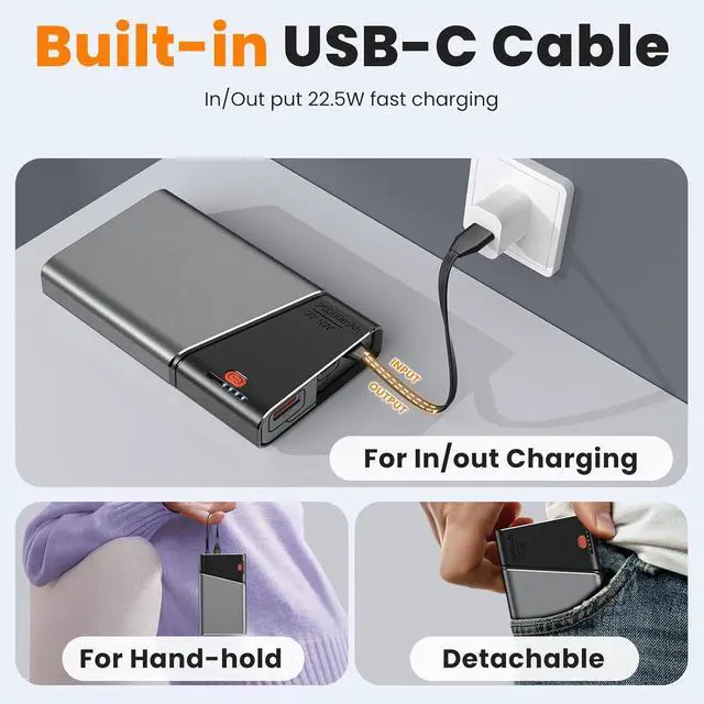 Alt view image 6 of 7 - Portable Charger, 22.5W 20000mAh Super Fast Charging Power Bank with Detachable USB C Cable, Metal Case Battery Pack, Airline Approved Travel Essential for iPhone 16 15 14 13 iPad Samsung Google etc