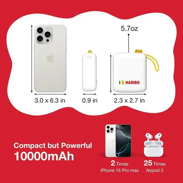 Alt view image 3 of 7 - DCHK Haribo Mini Power Bank 10000mAh, 22.5W Fast Charging, Built-in Cable, Compact Size, 5V 3A, Gummy Bear Style Portable Charger for iPhone 15 16, Samsung Galaxy, Motorola