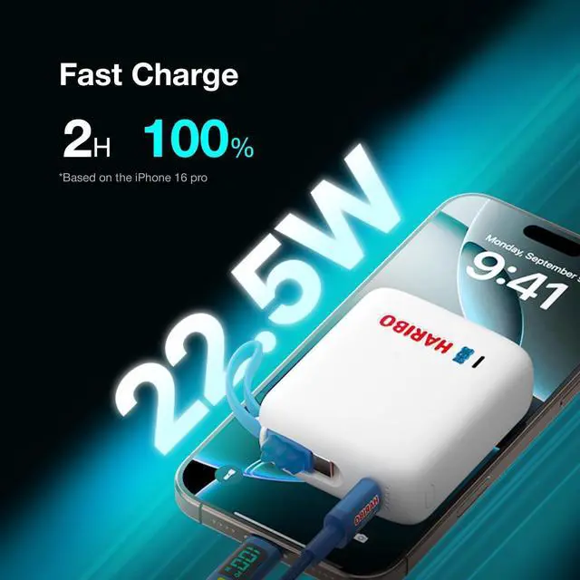 Alt view image 5 of 7 - DCHK Haribo Mini Power Bank 10000mAh, 22.5W Fast Charging, Built-in Cable, Compact Size, 5V 3A, Gummy Bear Style Portable Charger for iPhone 15 16, Samsung Galaxy, Motorola