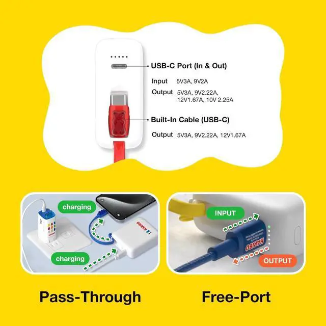 Alt view image 4 of 7 - DCHK Haribo Mini Power Bank 10000mAh, 22.5W Fast Charging, Built-in Cable, Compact Size, 5V 3A, Gummy Bear Style Portable Charger for iPhone 15 16, Samsung Galaxy, Motorola