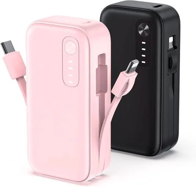 Main image of Smallest Portable Chargers with Built in Cables, 2 Pack 5000mAh Power Bank Slim Portable Phone Travel Charger, PD QC 3.0 Fast Charging External Battery Pack for iPhone 15/16/14 Android(Black+Pink)