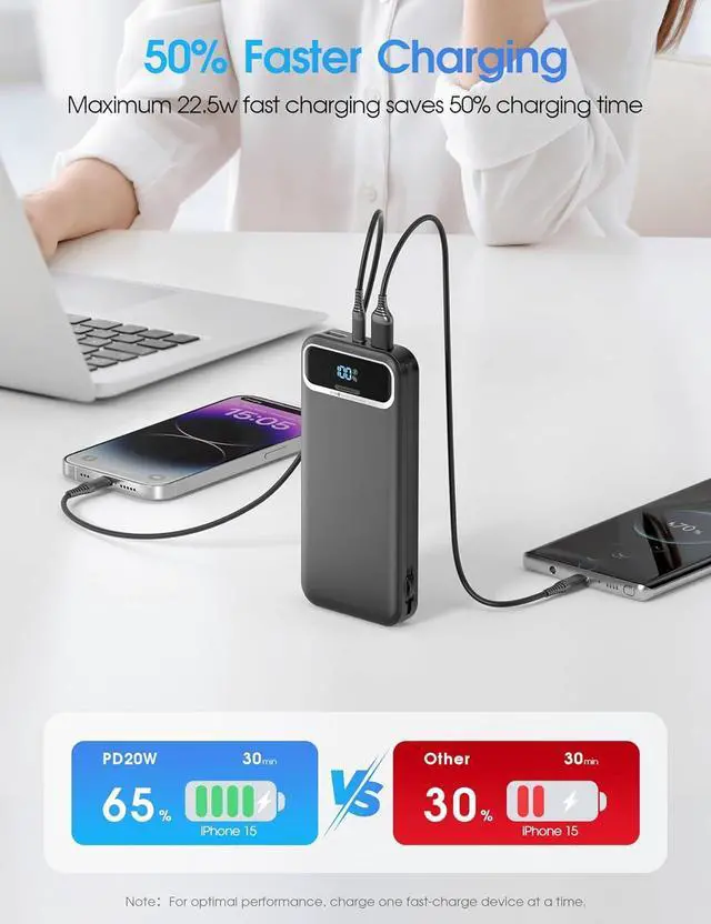 Alt view image 3 of 7 - Portable-Charger Power-Bank with Built-in Cables & AC Wall Plug - 12000mAh PD 20W Fast Charging for iPhone,Android, USB-C,Rechargeable External Battery Pack for Cell Phone,Type C cords,Travel Black