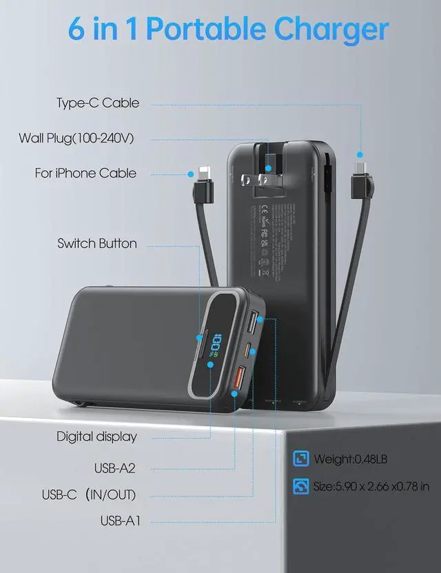 Alt view image 5 of 7 - Portable-Charger Power-Bank with Built-in Cables & AC Wall Plug - 12000mAh PD 20W Fast Charging for iPhone,Android, USB-C,Rechargeable External Battery Pack for Cell Phone,Type C cords,Travel Black