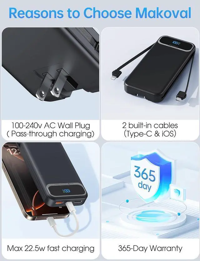 Alt view image 6 of 7 - Portable-Charger Power-Bank with Built-in Cables & AC Wall Plug - 12000mAh PD 20W Fast Charging for iPhone,Android, USB-C,Rechargeable External Battery Pack for Cell Phone,Type C cords,Travel Black