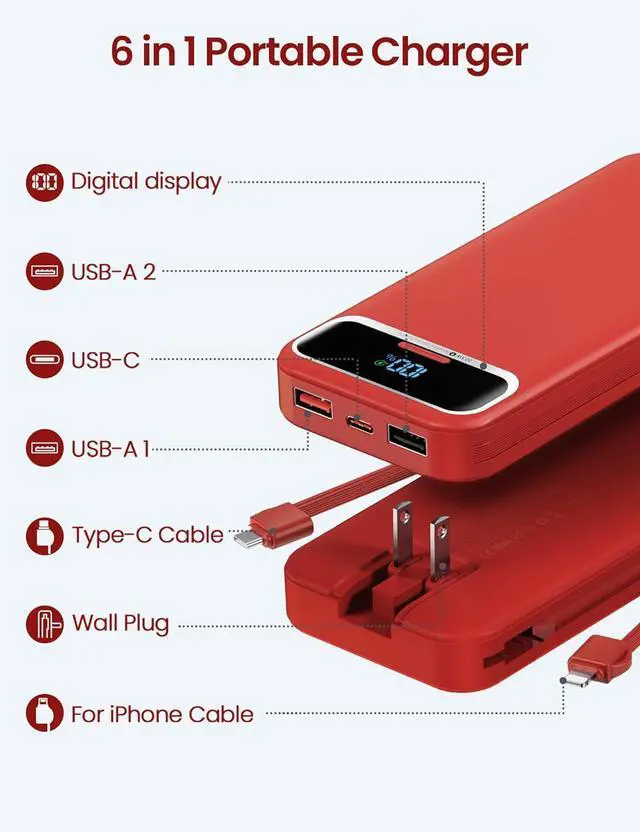 Alt view image 2 of 7 - 12000mAh Lightweight-Portable-Charger-Power-Bank with Built-in Cables and AC Wall Plug, PD20W USB-C Fast Charging Battery Pack, LED Display External Travel Phone Charger for All iPhone,Samsung,Android