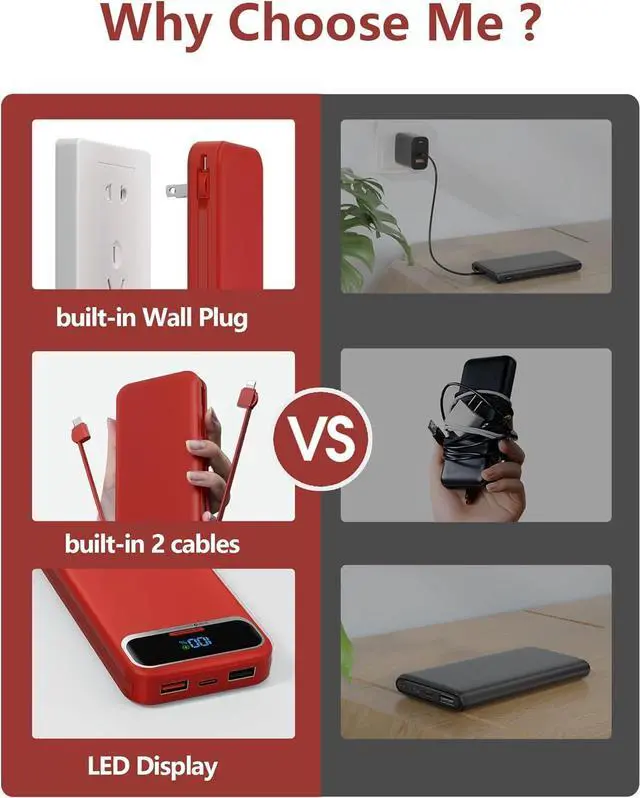Alt view image 3 of 7 - 12000mAh Lightweight-Portable-Charger-Power-Bank with Built-in Cables and AC Wall Plug, PD20W USB-C Fast Charging Battery Pack, LED Display External Travel Phone Charger for All iPhone,Samsung,Android