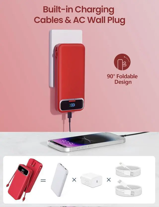 Alt view image 4 of 7 - 12000mAh Lightweight-Portable-Charger-Power-Bank with Built-in Cables and AC Wall Plug, PD20W USB-C Fast Charging Battery Pack, LED Display External Travel Phone Charger for All iPhone,Samsung,Android