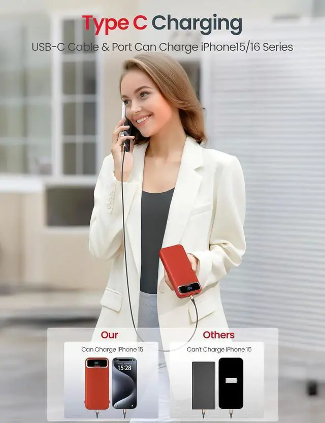 Alt view image 5 of 7 - 12000mAh Lightweight-Portable-Charger-Power-Bank with Built-in Cables and AC Wall Plug, PD20W USB-C Fast Charging Battery Pack, LED Display External Travel Phone Charger for All iPhone,Samsung,Android