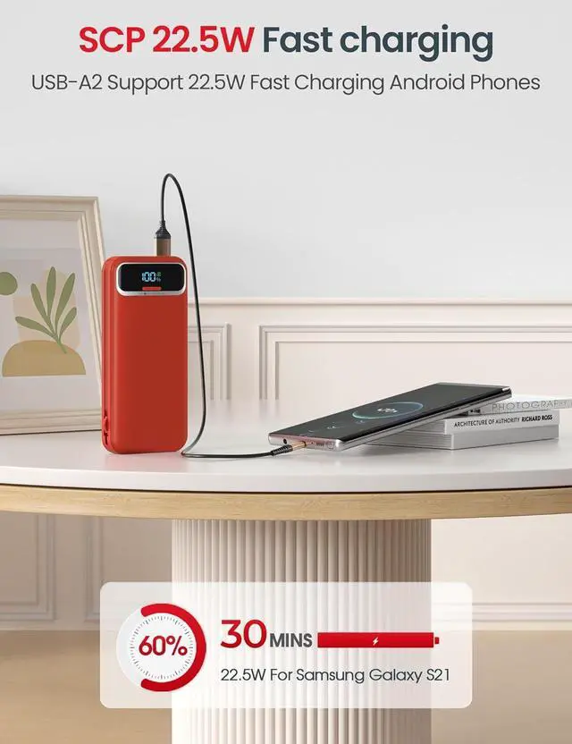 Alt view image 6 of 7 - 12000mAh Lightweight-Portable-Charger-Power-Bank with Built-in Cables and AC Wall Plug, PD20W USB-C Fast Charging Battery Pack, LED Display External Travel Phone Charger for All iPhone,Samsung,Android