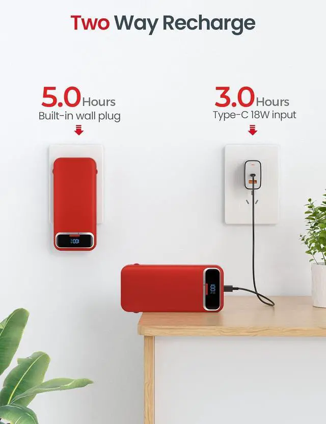 Alt view image 7 of 7 - 12000mAh Lightweight-Portable-Charger-Power-Bank with Built-in Cables and AC Wall Plug, PD20W USB-C Fast Charging Battery Pack, LED Display External Travel Phone Charger for All iPhone,Samsung,Android