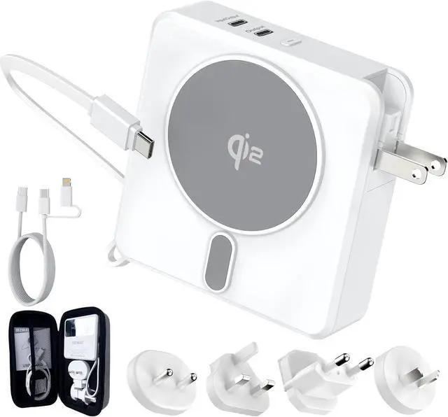 Main image of Portable Charger Built in Cables 10,000mAh 4 in 1 Qi2 Certified Wireless Magnetic Power Bank 30W Fast Charging with Wall Plug Travel Power Bank Battery Pack for iPhone,iPad,SAMSUNG -With Travel Case