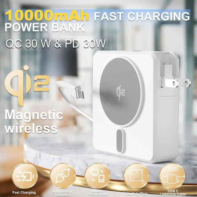 Alt view image 2 of 7 - Portable Charger Built in Cables 10,000mAh 4 in 1 Qi2 Certified Wireless Magnetic Power Bank 30W Fast Charging with Wall Plug Travel Power Bank Battery Pack for iPhone,iPad,SAMSUNG -With Travel Case