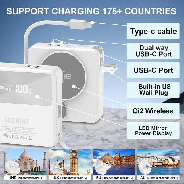 Alt view image 3 of 7 - Portable Charger Built in Cables 10,000mAh 4 in 1 Qi2 Certified Wireless Magnetic Power Bank 30W Fast Charging with Wall Plug Travel Power Bank Battery Pack for iPhone,iPad,SAMSUNG -With Travel Case