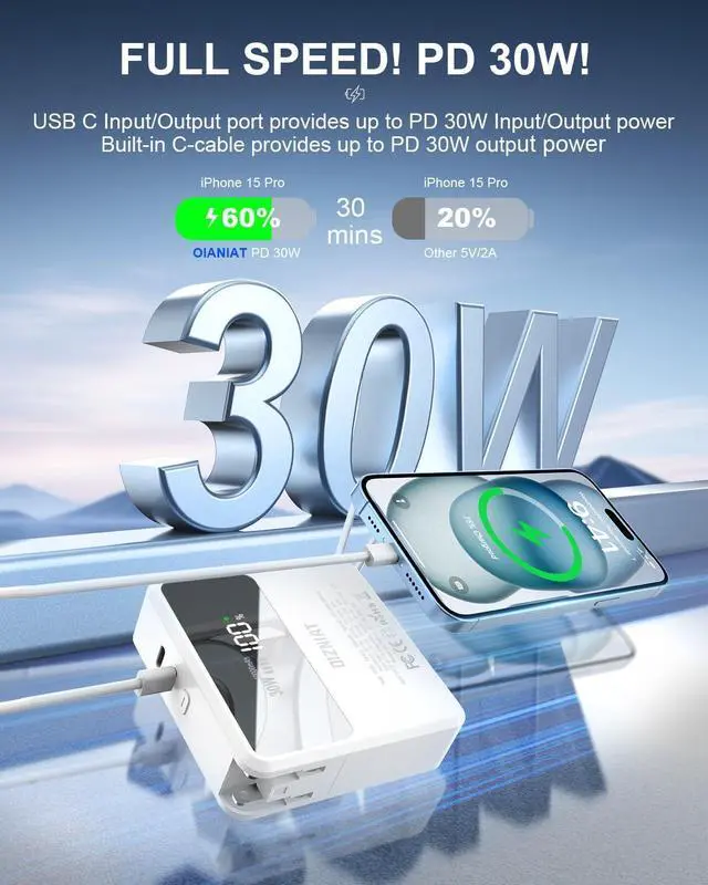 Alt view image 4 of 7 - Portable Charger Built in Cables 10,000mAh 4 in 1 Qi2 Certified Wireless Magnetic Power Bank 30W Fast Charging with Wall Plug Travel Power Bank Battery Pack for iPhone,iPad,SAMSUNG -With Travel Case