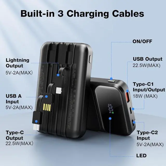 Alt view image 2 of 6 - 10000mAh Portable Charger with Built-in Cable, PD 22.5W Fast Charging USB C Battery Pack, Cell Phone Power Bank LCD Display for iPhone 16/16 Pro/16 Plus/15/14/13/12/11/X, Samsung, etc