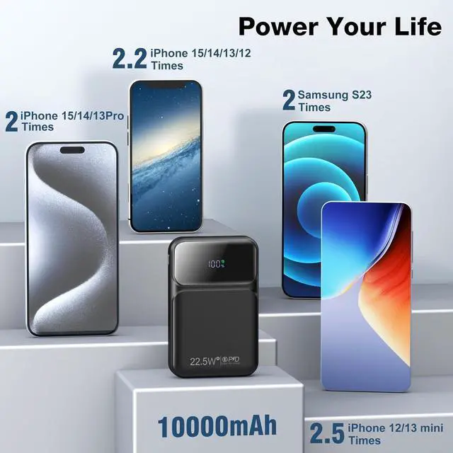 Alt view image 5 of 6 - 10000mAh Portable Charger with Built-in Cable, PD 22.5W Fast Charging USB C Battery Pack, Cell Phone Power Bank LCD Display for iPhone 16/16 Pro/16 Plus/15/14/13/12/11/X, Samsung, etc