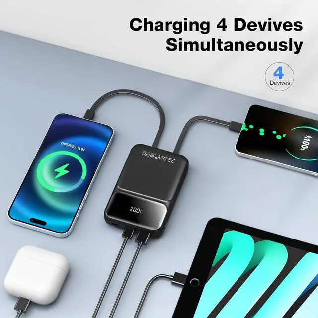 Alt view image 6 of 6 - 10000mAh Portable Charger with Built-in Cable, PD 22.5W Fast Charging USB C Battery Pack, Cell Phone Power Bank LCD Display for iPhone 16/16 Pro/16 Plus/15/14/13/12/11/X, Samsung, etc